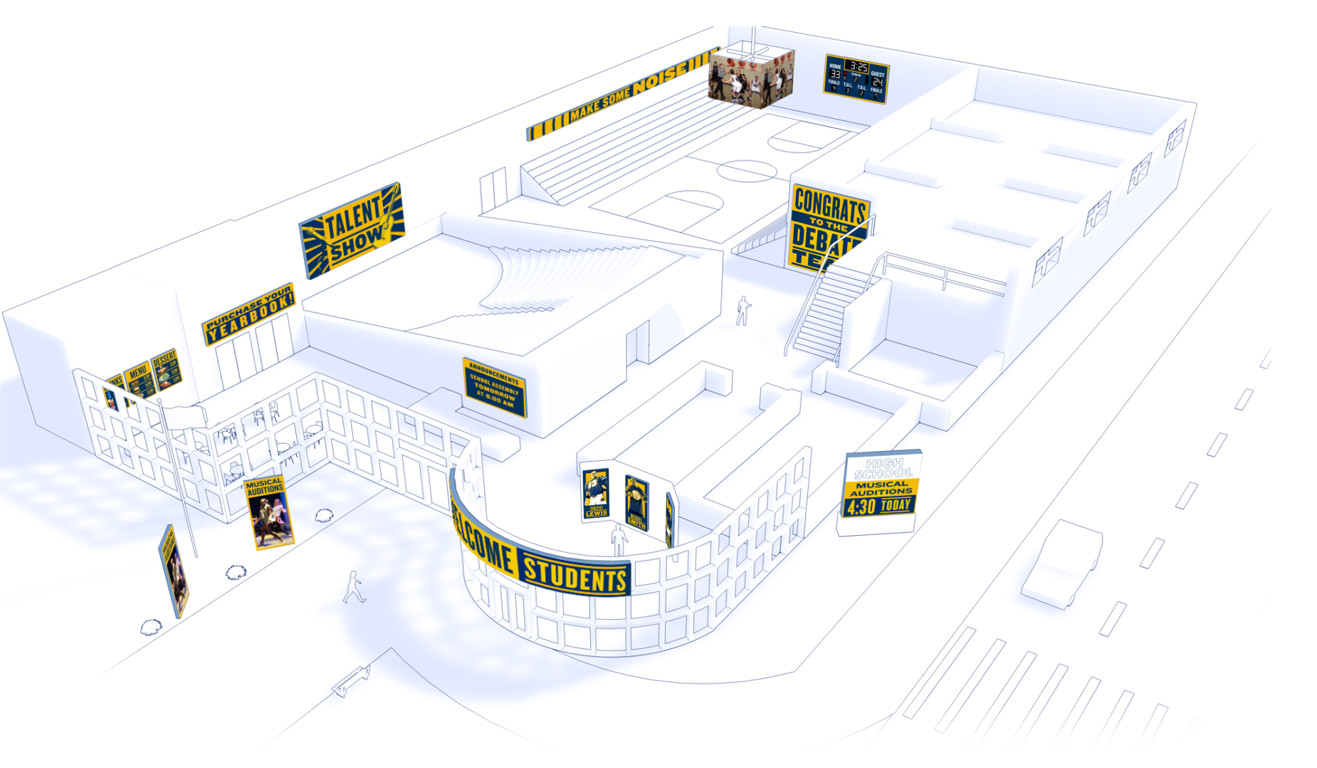 graphic showing school interior with various applications of digital displays