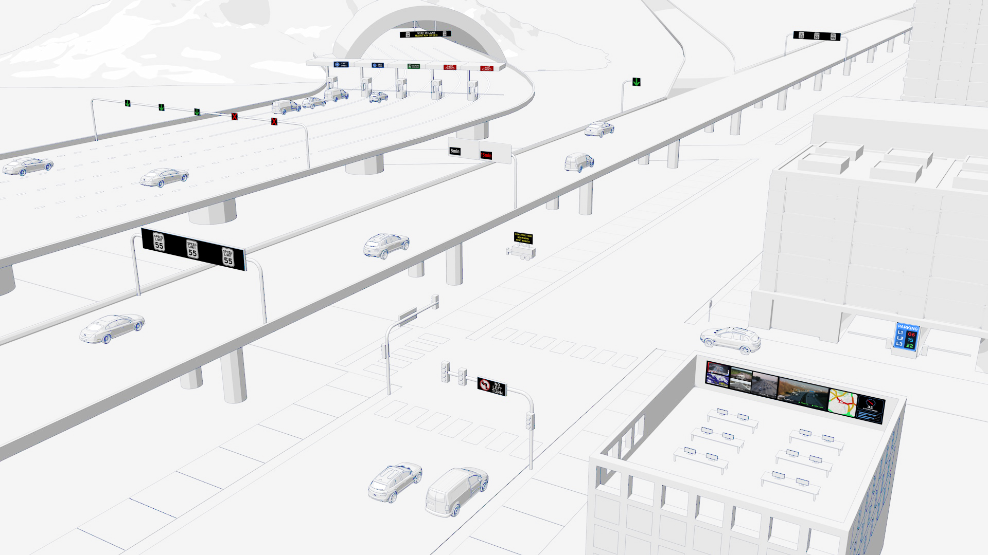 rednering of city streets with digital signage for guidance
