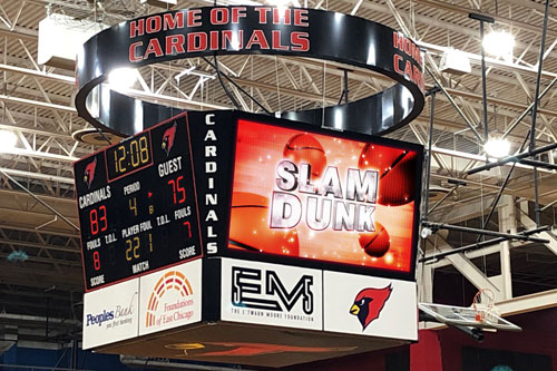Centerhung scoreboard and videoboard in a gymnasium