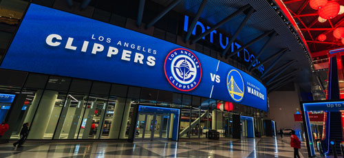 large LED video display above Intuit Dome entrance
